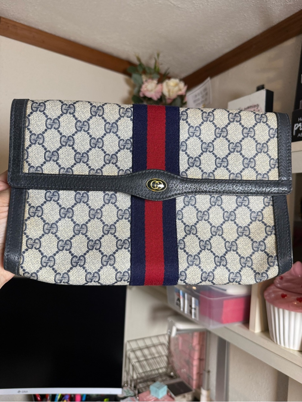Gucci Vintage GG Supreme Web Stripe Navy Leather Clutch Pouch Italy Ophidia